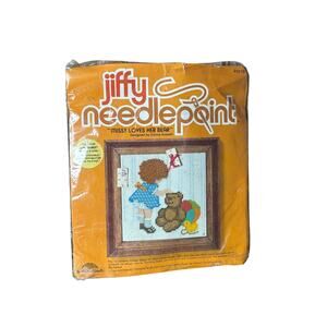 Vtg 70s Sunset Designs Jiffy Needlepoint Teddy Bear Baby Missy Loves her Bear